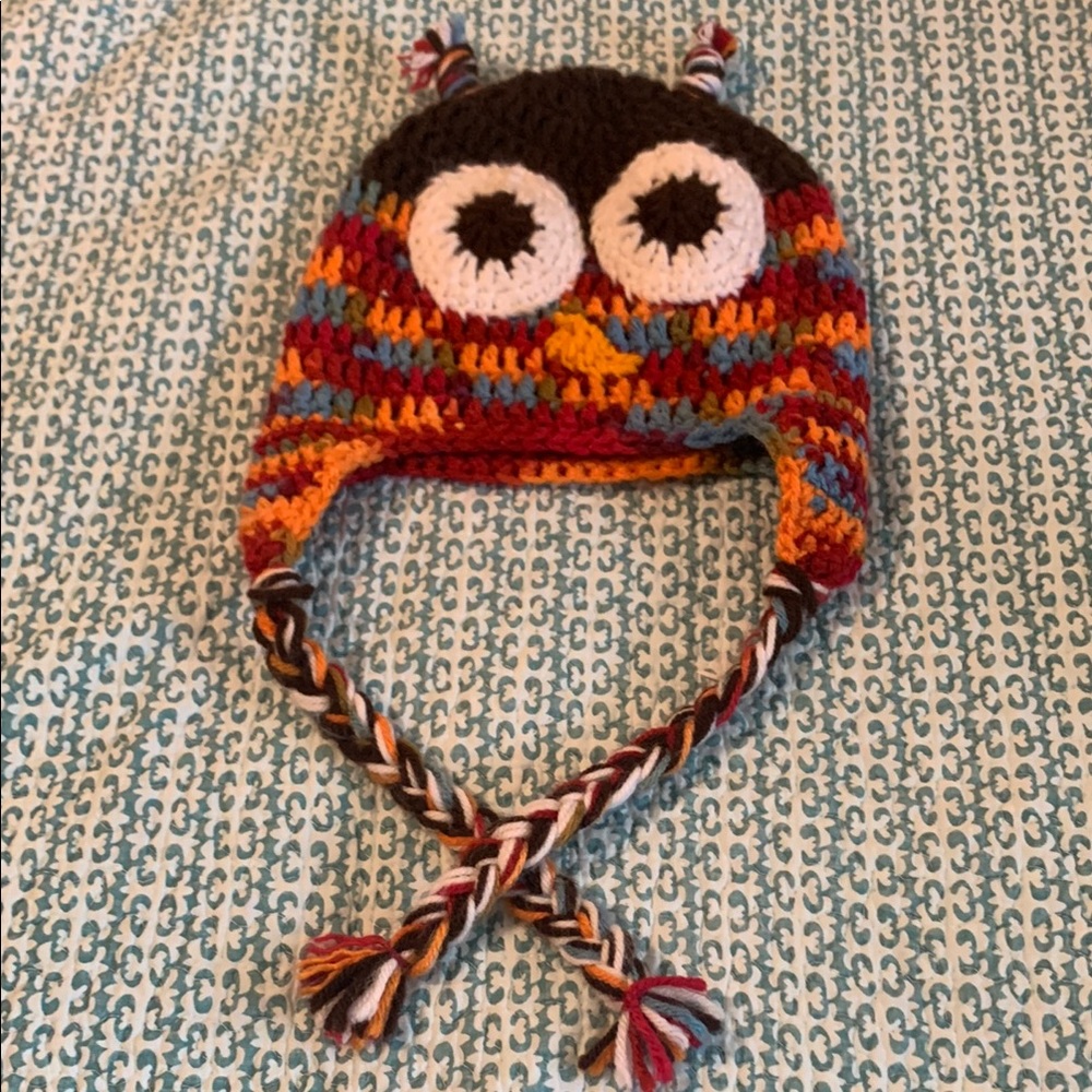 Colorful Owl Knit Hat with Braided Ties. Handcrafted
